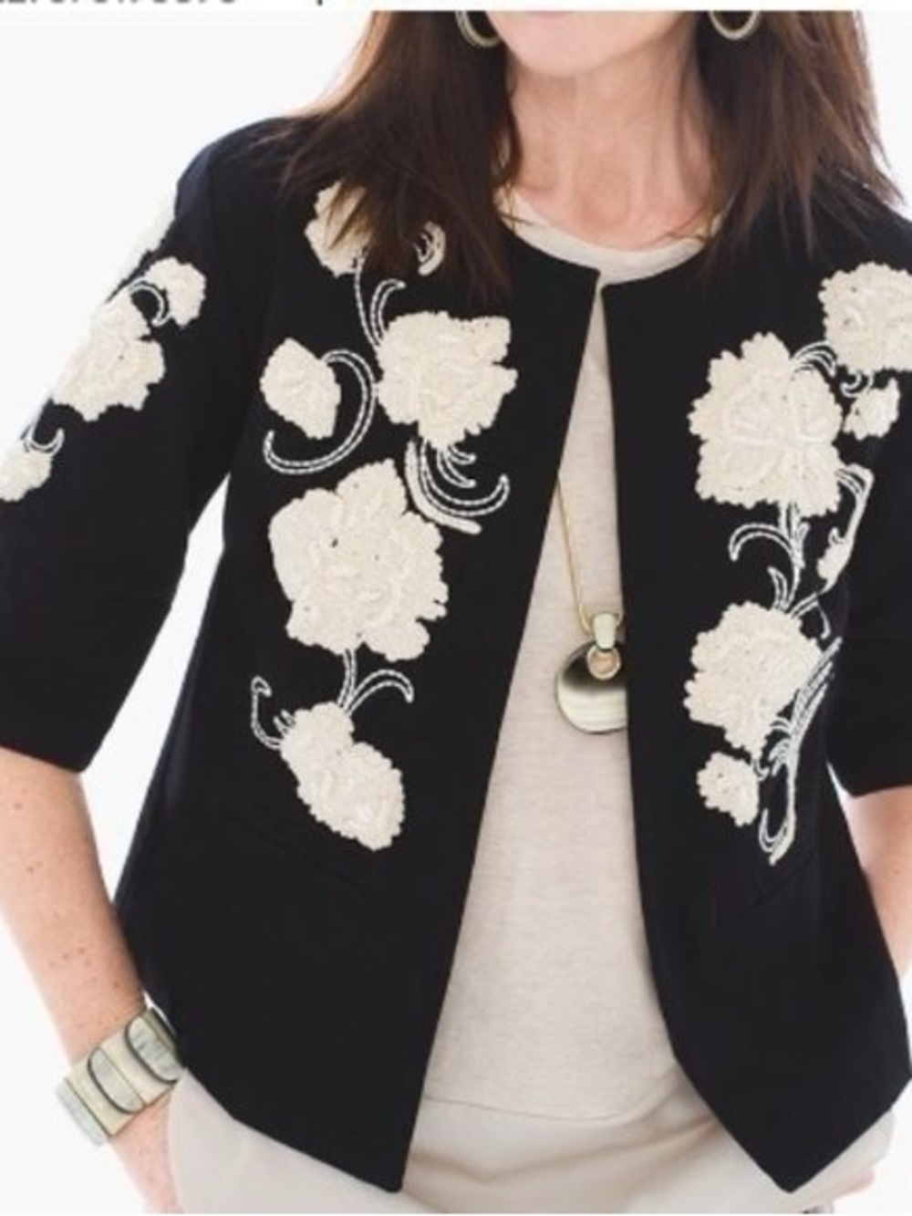 Chico's Black Open Jacket with White Beaded Floral Embroidery 100% cotton shell